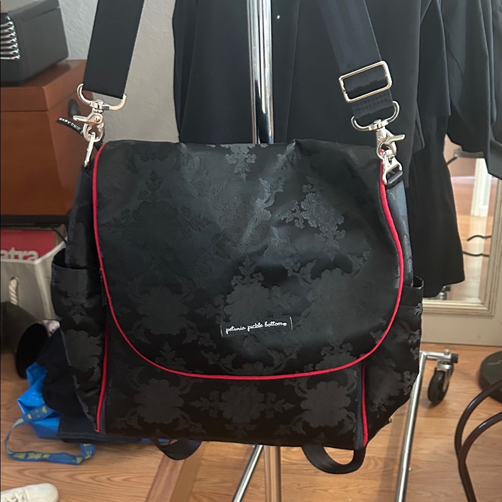 Petunia Pickle Bottom Black and Red Floral Bag